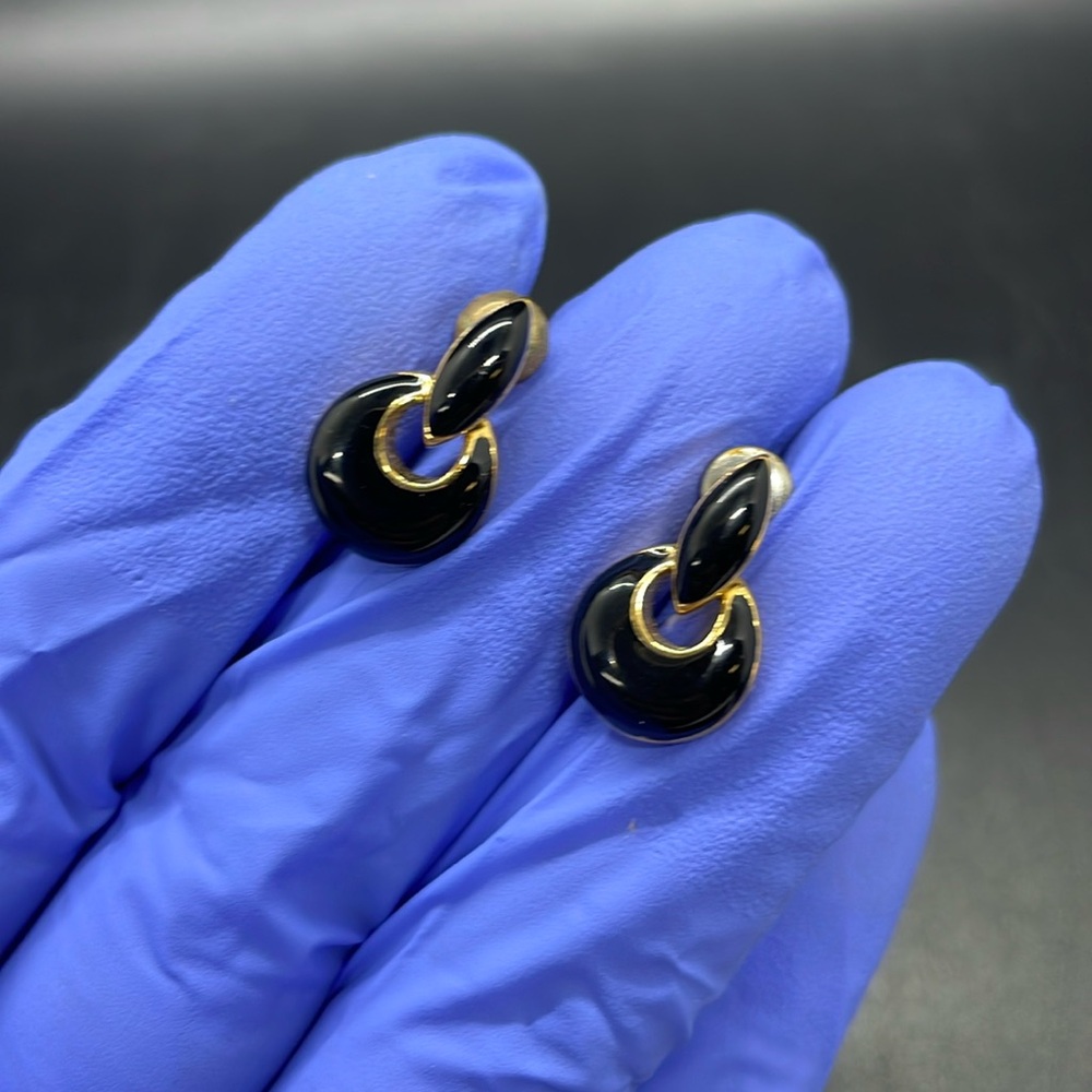 Vintage small dainty gold tone black enamel door knocker mini earrings